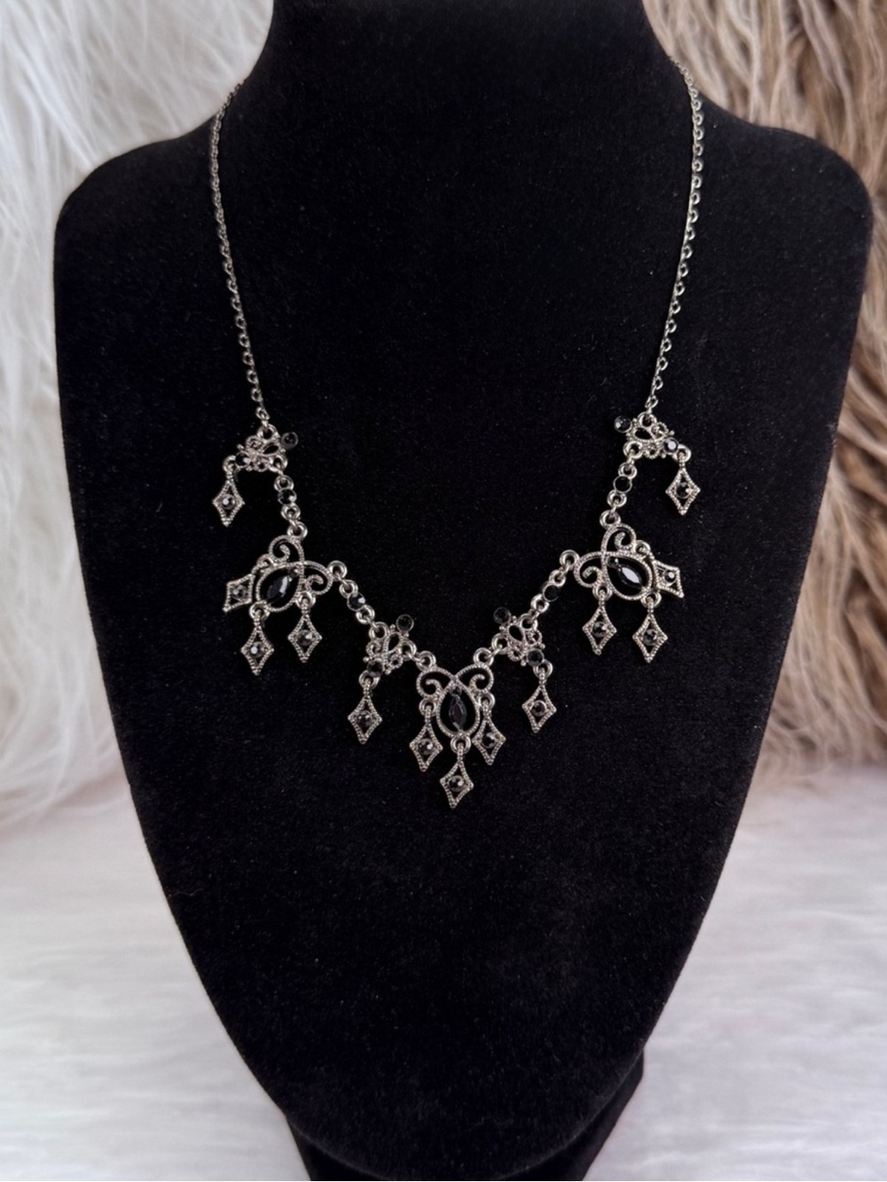 Vintage Gunmetal Black Crystal Filigree Statement Necklace Adjustable